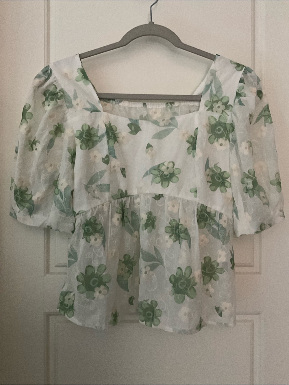 Floral Puff Sleeve Square Neck Cottagecore Blouse White Green Size S/M
